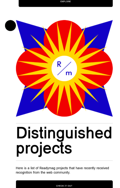 Readymag lead nurturing email featuring shortcuts, award-winning projects, and tutorial content for design platform users